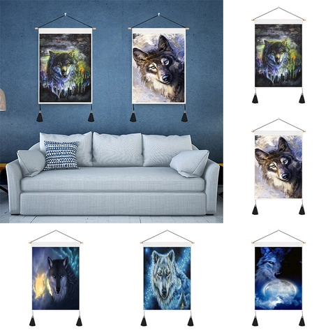 Artistiek Wolfskop Wandtapijt Duurzaam Polyester Katoen Rolbehang Met Houten Hangstok En Kwastjes Wanddecoratie Huis