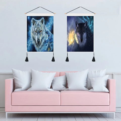 Artistiek Wolfskop Wandtapijt Duurzaam Polyester Katoen Rolbehang Met Houten Hangstok En Kwastjes Wanddecoratie Huis