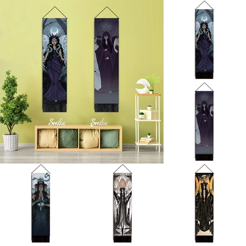 Gothic Goddess Wall Tapestry Polyester Cotton Long Vertical Hanging Cloth Dark Myth Mystery Art Decor With Rod Tassels