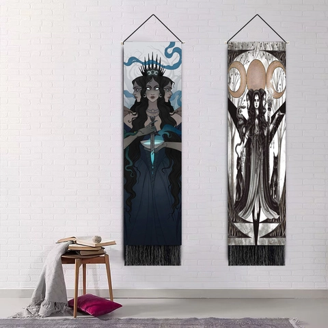 Gothic Goddess Wall Tapestry Polyester Cotton Long Vertical Hanging Cloth Dark Myth Mystery Art Decor With Rod Tassels