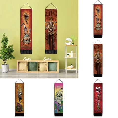 Gotische Skelett Totenkopf Wandteppich Polyester Baumwolle Dunkle Kunst Vertikale Schriftrolle Mit Quasten Für Wohnzimmer Schlafzimmer Dekor