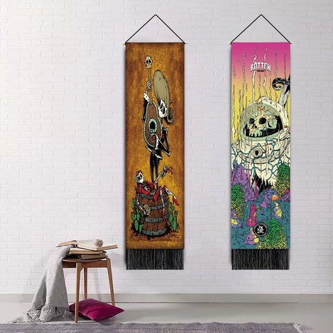 Gotische Skelett Totenkopf Wandteppich Polyester Baumwolle Dunkle Kunst Vertikale Schriftrolle Mit Quasten Für Wohnzimmer Schlafzimmer Dekor