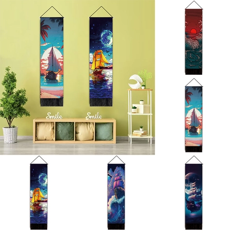 Vertical Long Tapestry Polyester Cotton Hanging Scroll Nautical Sailing Boat Wave Moon Print With Tassels Decorative Wall Art