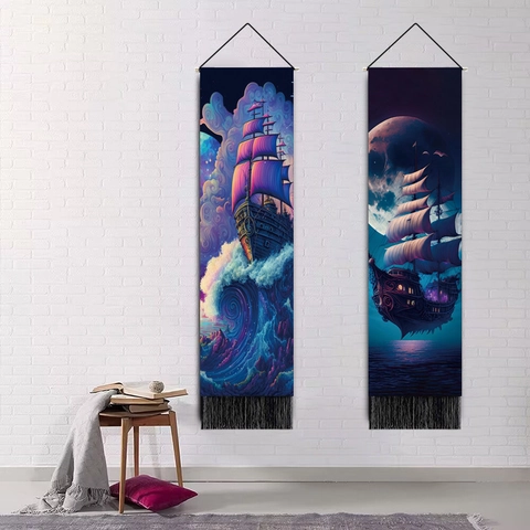 Vertical Long Tapestry Polyester Cotton Hanging Scroll Nautical Sailing Boat Wave Moon Print With Tassels Decorative Wall Art