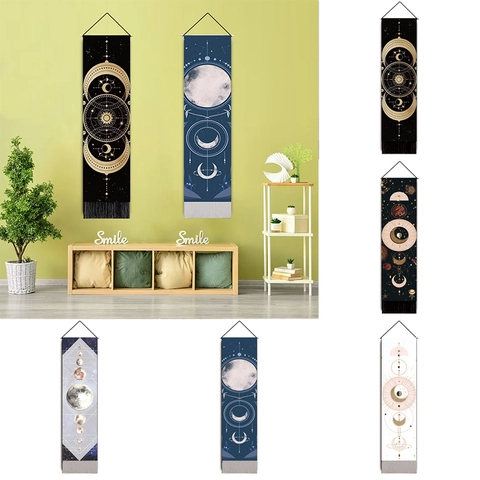 Arazzo Da Parete Fase Lunare Astrologia Bohemien Decorazione Sospesa Con Asta In Legno E Nappine Per Soggiorno