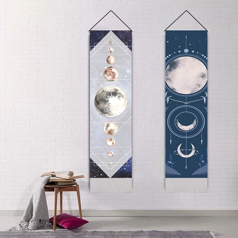 Arazzo Da Parete Fase Lunare Astrologia Bohemien Decorazione Sospesa Con Asta In Legno E Nappine Per Soggiorno