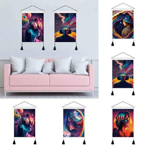 Abstract Colorful Girl Wall Tapestry Polyester Cotton Scroll Painting With Wooden Rod And Tassels For Living Room Decor