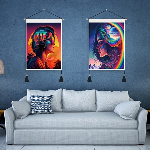 Abstract Colorful Girl Wall Tapestry Polyester Cotton Scroll Painting With Wooden Rod And Tassels For Living Room Decor
