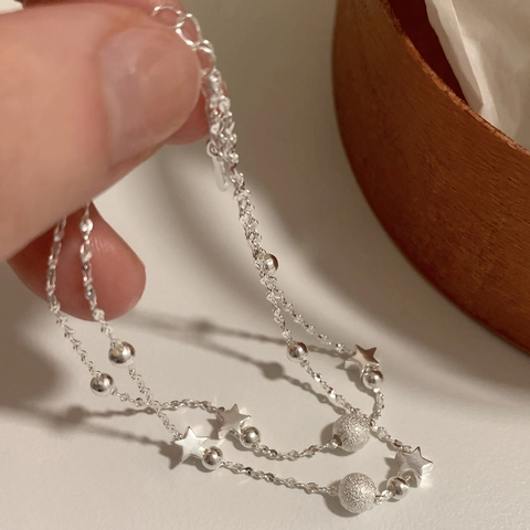 Double Layer Copper Bracelet Silver Plated Star Charm Frosted Beads Polished Balls Minimalist Korean Style For Women