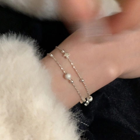 Double Layer Copper Bracelet Silver Plated Star Charm Frosted Beads Polished Balls Minimalist Korean Style For Women