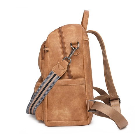 Vintage PU Leather Backpack For Women Large Capacity Multi Pocket Casual Rucksack With Striped Strap