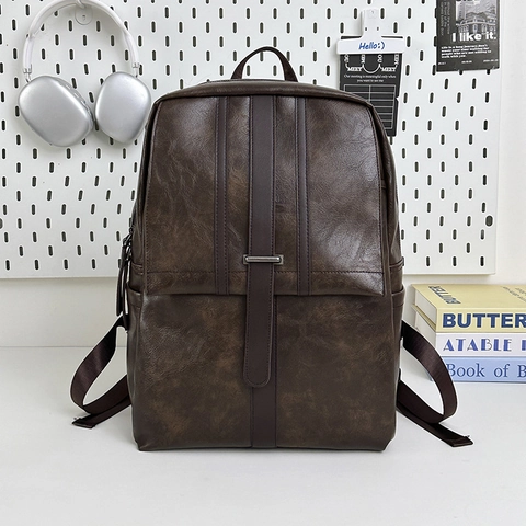 Men Business Casual Backpack PU Leather Large Capacity Fashion Travel School Bag Vintage Solid Color For Laptop