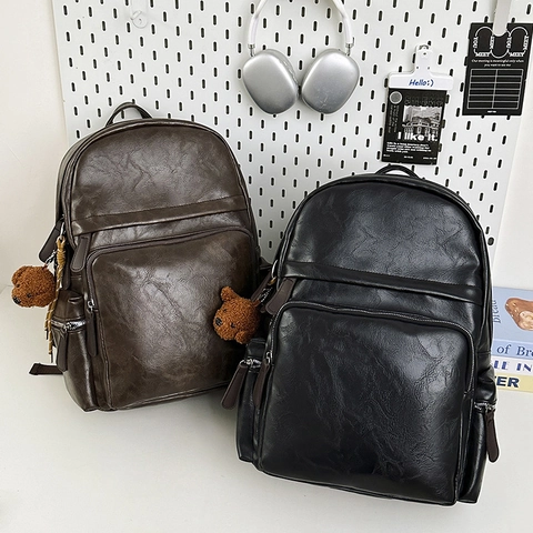 Vintage PU Leather Backpack Large Capacity Retro College School Bag Casual Travel Waterproof Rucksack For Men