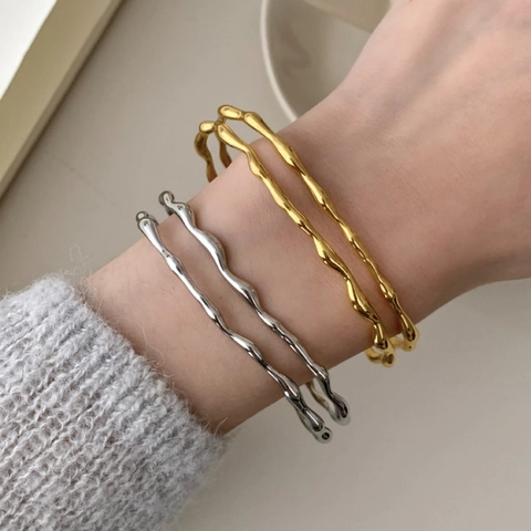 Minimalist Irregular Wave Double Layer Copper Cuff Bangle Elegant Twisted Line Ripple Design Fashion Jewelry For Women