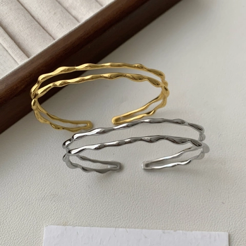 Minimalist Irregular Wave Double Layer Copper Cuff Bangle Elegant Twisted Line Ripple Design Fashion Jewelry For Women