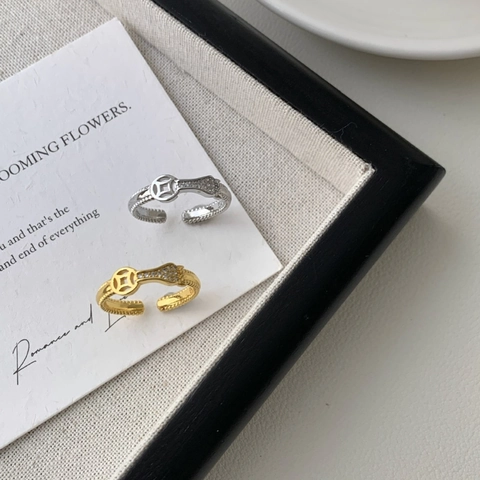 Anello Aperto In Rame Moneta Cava Con Zircone Scintillante Gioielli Per Dito Indice Regolabile Lusso Retrò Per Donne