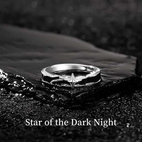 Anillo Estrella Cobre Esmalte Negro Ajustable Abierto Retro Gótico Joyería De Nicho Para Mujeres Hombres