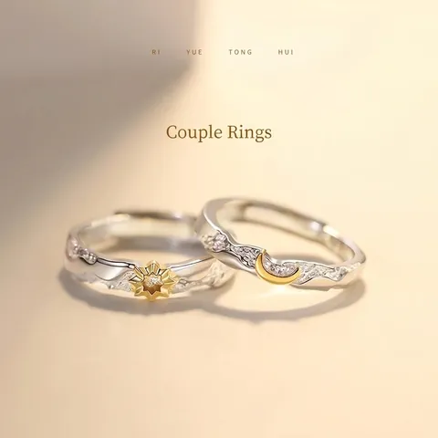 Sonne Mond Paar Ringe Gehämmert Textur Messing Vergoldet Verstellbar Offener Fingerring Modeschmuck Für Verliebte
