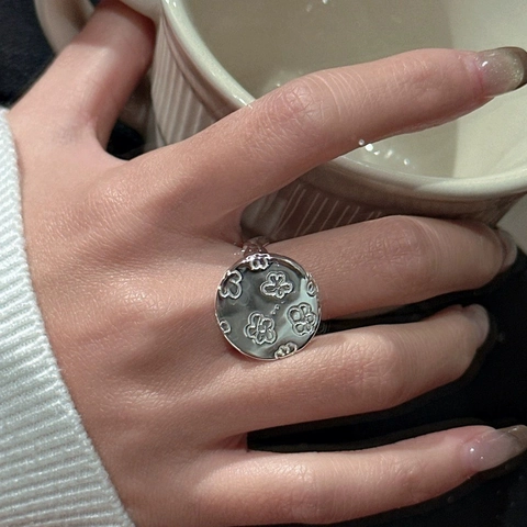 Adjustable Ring Copper Silver Plated Round Disc Embossed Small Flowers Wavy Band Retro Minimalist Jewelry For Women