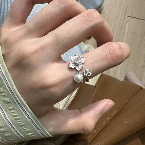 Retro Bloem Kunstparel Open Ring Geborsteld Koper Verstelbaar Bloemen Vinger Sieraden Voor Dames Elegante Luxe Stijl