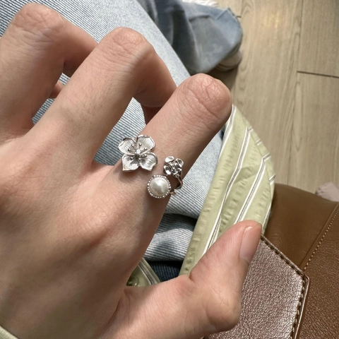 Retro Bloem Kunstparel Open Ring Geborsteld Koper Verstelbaar Bloemen Vinger Sieraden Voor Dames Elegante Luxe Stijl