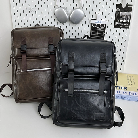Vintage PU Leather Large Capacity Backpack For Men Women Multi-pocket Travel Business Computer Bag Korean Style Lightweight School Bag