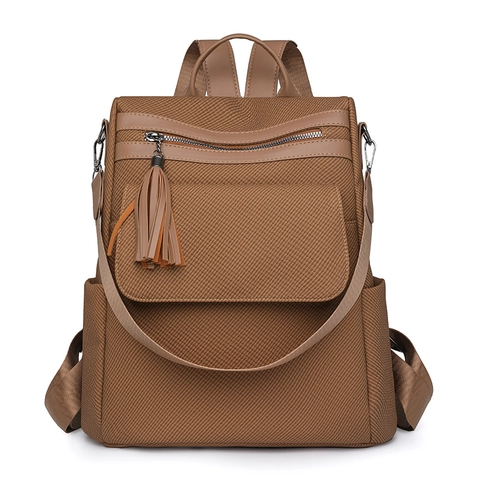 Zaino Moda Donna Pelle PU Trama Intrecciata Decorazione Nappine Grande Capacità Pendolare Retro Borsa Spalla