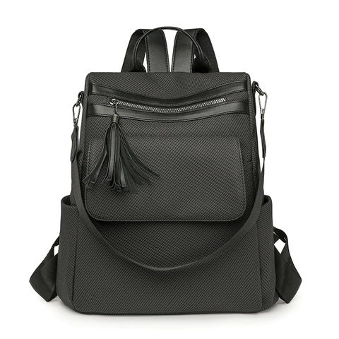 Zaino Moda Donna Pelle PU Trama Intrecciata Decorazione Nappine Grande Capacità Pendolare Retro Borsa Spalla