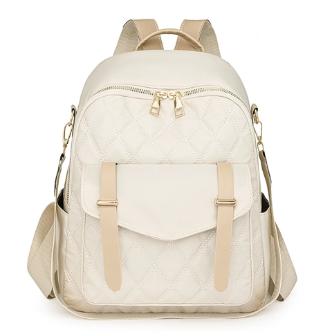 Women Fashion Backpack Quilted Nylon Rhombus Pattern Multiple Pockets Urban Commuter Travel Rucksack Gold Hardware Casual