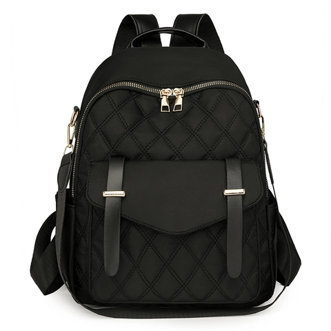 Fashion Women Nylon Quilted Backpack Rhombus Pattern Multi-Pocket Travel School Bag With Gold Hardware