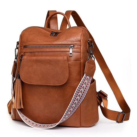 Women Backpack Retro PU Leather Large Capacity Multipurpose Shoulder Bag With Tassel Colorful Woven Strap Casual