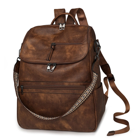 Vintage Rugzak PU Leer Multi Pocket Student Daypack Etnische Stijl Riem Laptop Compartiment Casual Reizen
