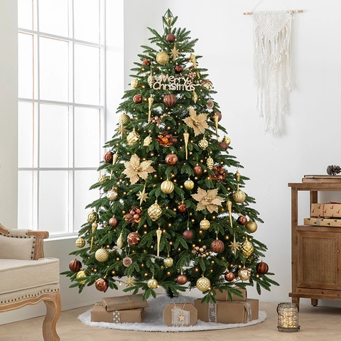 Luxuriöser Künstlicher Weihnachtsbaum Mit Gemischten Blättern LED Lichter Plüsch Baumrock Und Ornamente Für Feiertagsdeko