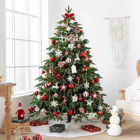 Luxuriöser Künstlicher Weihnachtsbaum Mit Gemischten Blättern LED Lichter Plüsch Baumrock Und Ornamente Für Feiertagsdeko