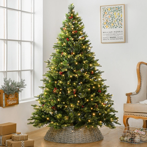 Sapin De Noël Artificiel Pré Éclairé LED PE PVC Baies Rouges Pommes De Pin Base Tissée Décoration