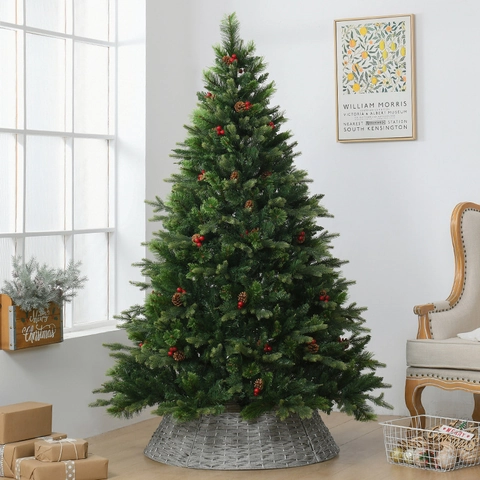 Sapin De Noël Artificiel Pré Éclairé LED PE PVC Baies Rouges Pommes De Pin Base Tissée Décoration