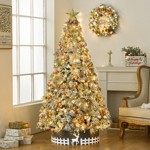 Árbol De Navidad Flocado Con Tiras De Luces LED Ornamentos Lazos Estrella Y Falda De Árbol Efecto Nieve Artificial