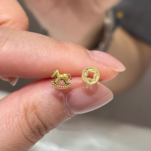 Brass Asymmetric Stud Earrings Rocking Horse Chinese Coin Hollow Vintage Grained Texture For Women