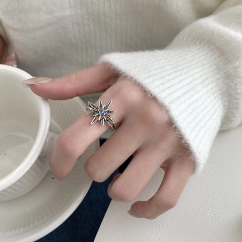 Anillo Di Rame Vintage Zircone Colorato Stella Ottagramma Regolabile Aperto Gioielli Di Lusso Per Donna