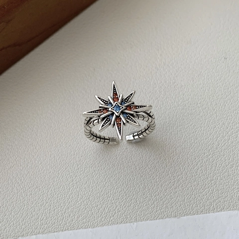 Anillo Di Rame Vintage Zircone Colorato Stella Ottagramma Regolabile Aperto Gioielli Di Lusso Per Donna