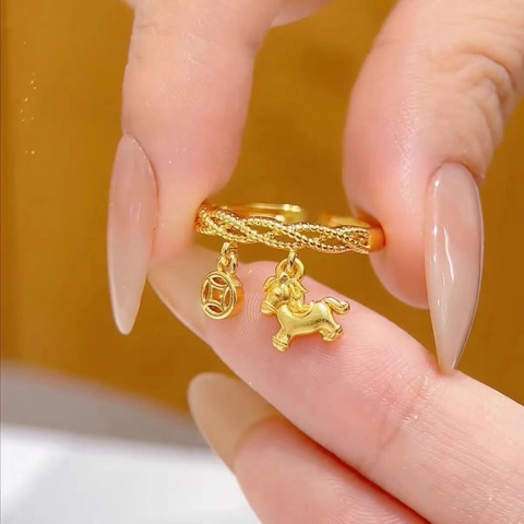 Adjustable Open Ring Copper Woven Texture Horse And Coin Charms Retro Fashion Jewelry For Women