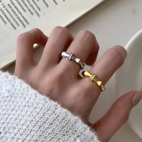 Bamboo Joint Cubic Zirconia Open Adjustable Ring Copper Irregular Micro Pave Minimalist Fashion Jewelry For Women