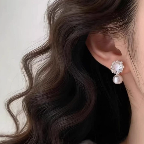Snowflake Artificial Pearl Drop Earrings Copper Rhinestone With 925 Sterling Silver Earring Post Elegant Fashion For Women