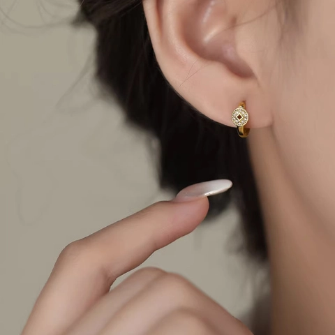 Holle Munt Hoop Oorbellen Met Micro Pave Zirkoon Retro Elegante Oude Stijl Koperen Sieraden Accessoire Voor Vrouwen