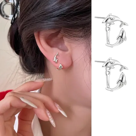 Dolfijn Knopoorbellen Koper Dier Achterkant Hangend Exquise Verstelbare Sieraden Met 925 Sterling Zilveren Oorsteker Voor Dames