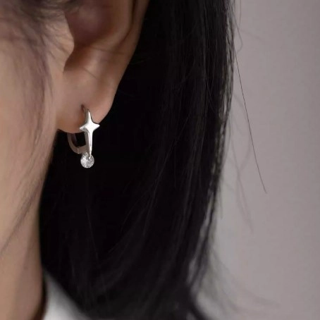 Copper Star Hoop Earrings With Round Zircon Four Pointed Star Dangle Minimalist Korean Style Jewelry For Women