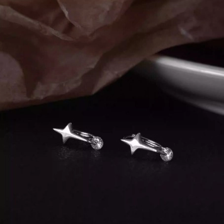 Copper Star Hoop Earrings With Round Zircon Four Pointed Star Dangle Minimalist Korean Style Jewelry For Women
