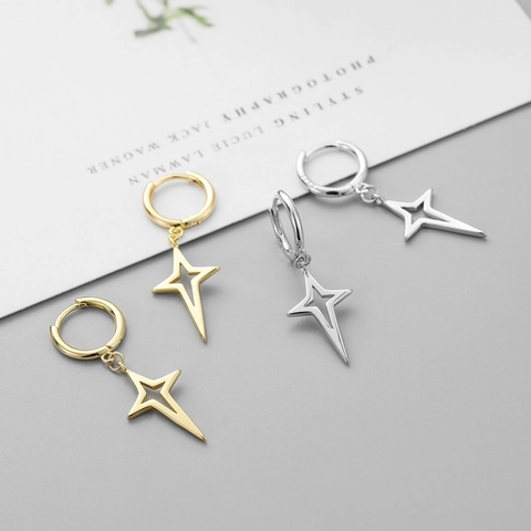 Minimalist Hollow Four Pointed Star Dangle Hoop Earrings Brass Gold Silver Plated With Silver Earring Post Jewelry For Women