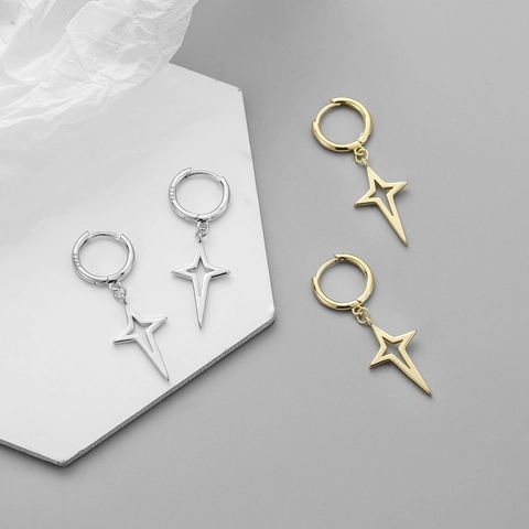 Minimalist Hollow Four Pointed Star Dangle Hoop Earrings Brass Gold Silver Plated With Silver Earring Post Jewelry For Women