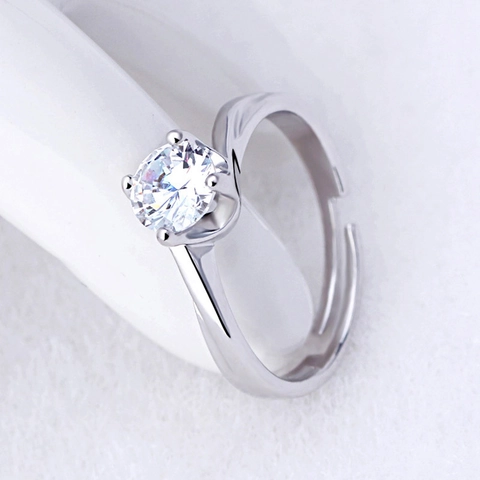 Anello Con Zircone Rotondo Rame Placcato Platino Castone Quattro Griffe Regolabile Gioielli Da Dito Regalo Elegante Donna